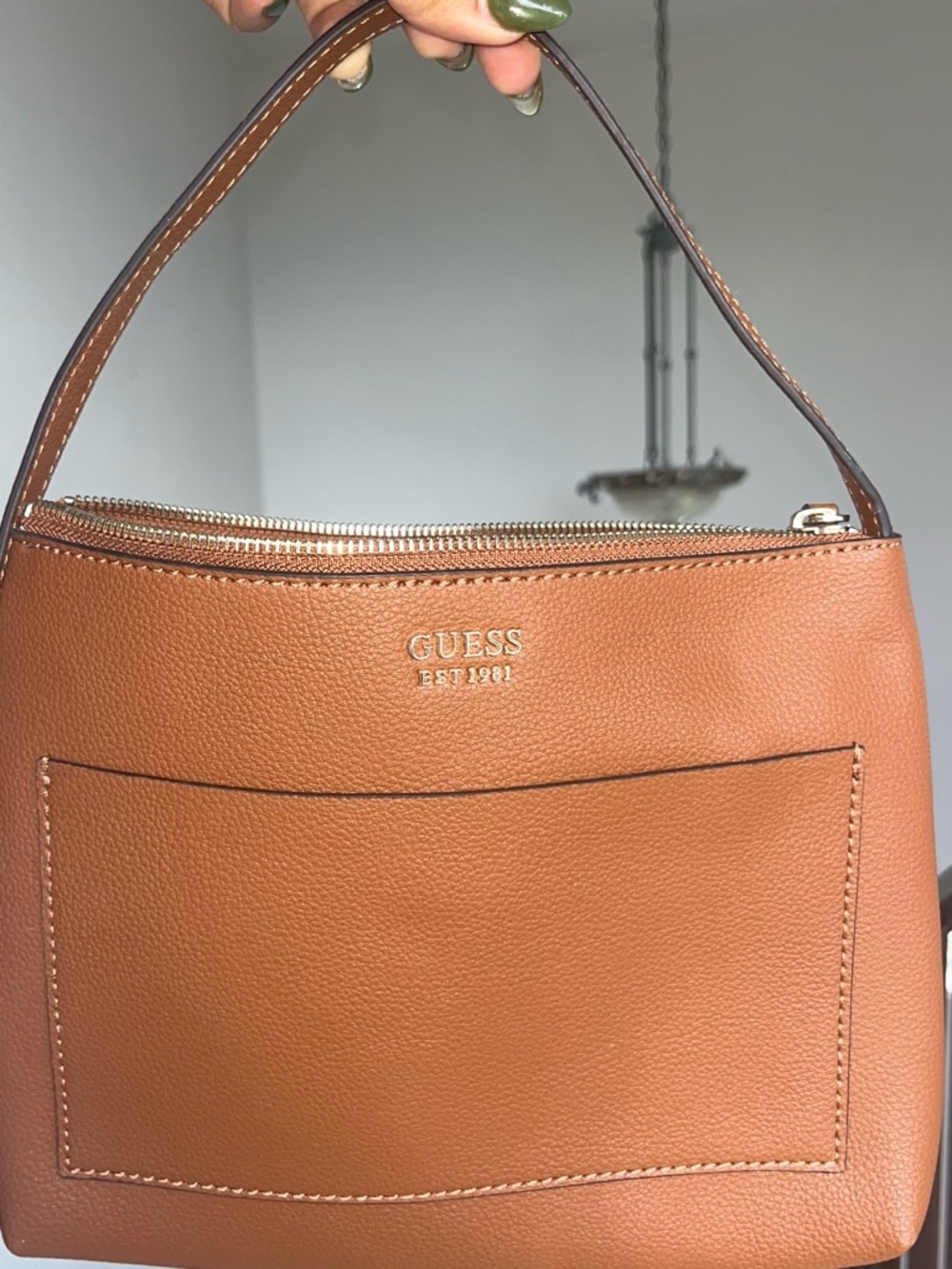 GUESS Cognac Pebbled Leather Shoulder Bag with Gold Logo